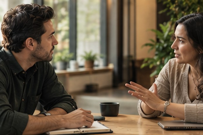 Conversación cercana entre consultores y cliente