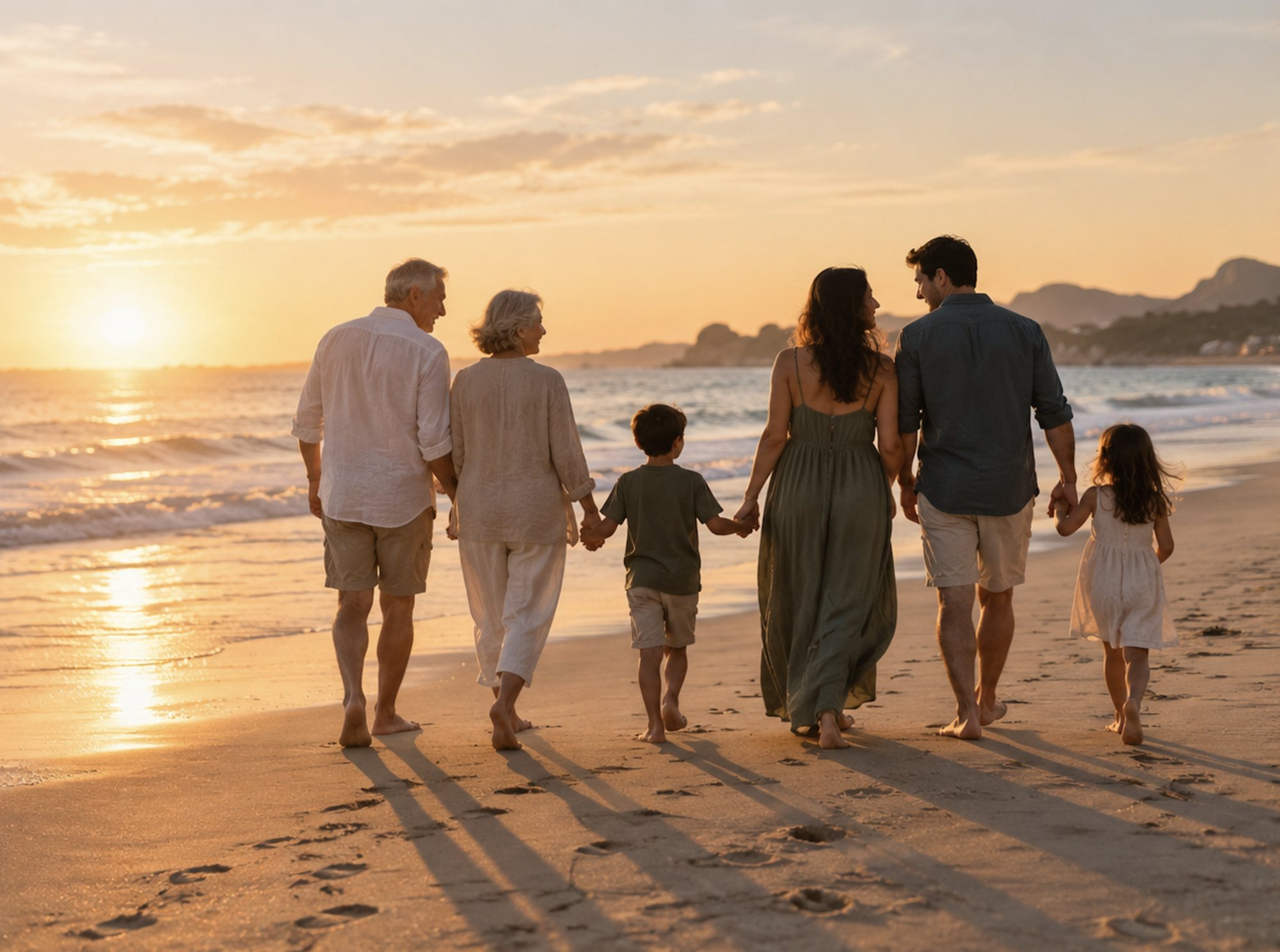 Familia caminando al atardecer
