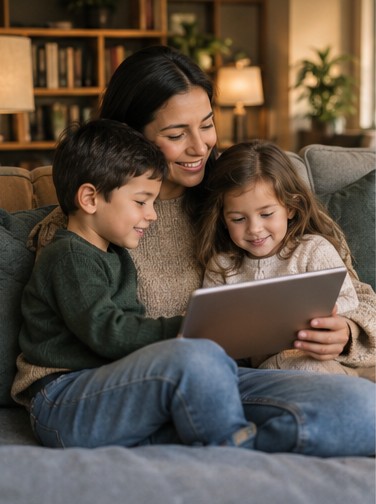 Madre con sus hijos en casa