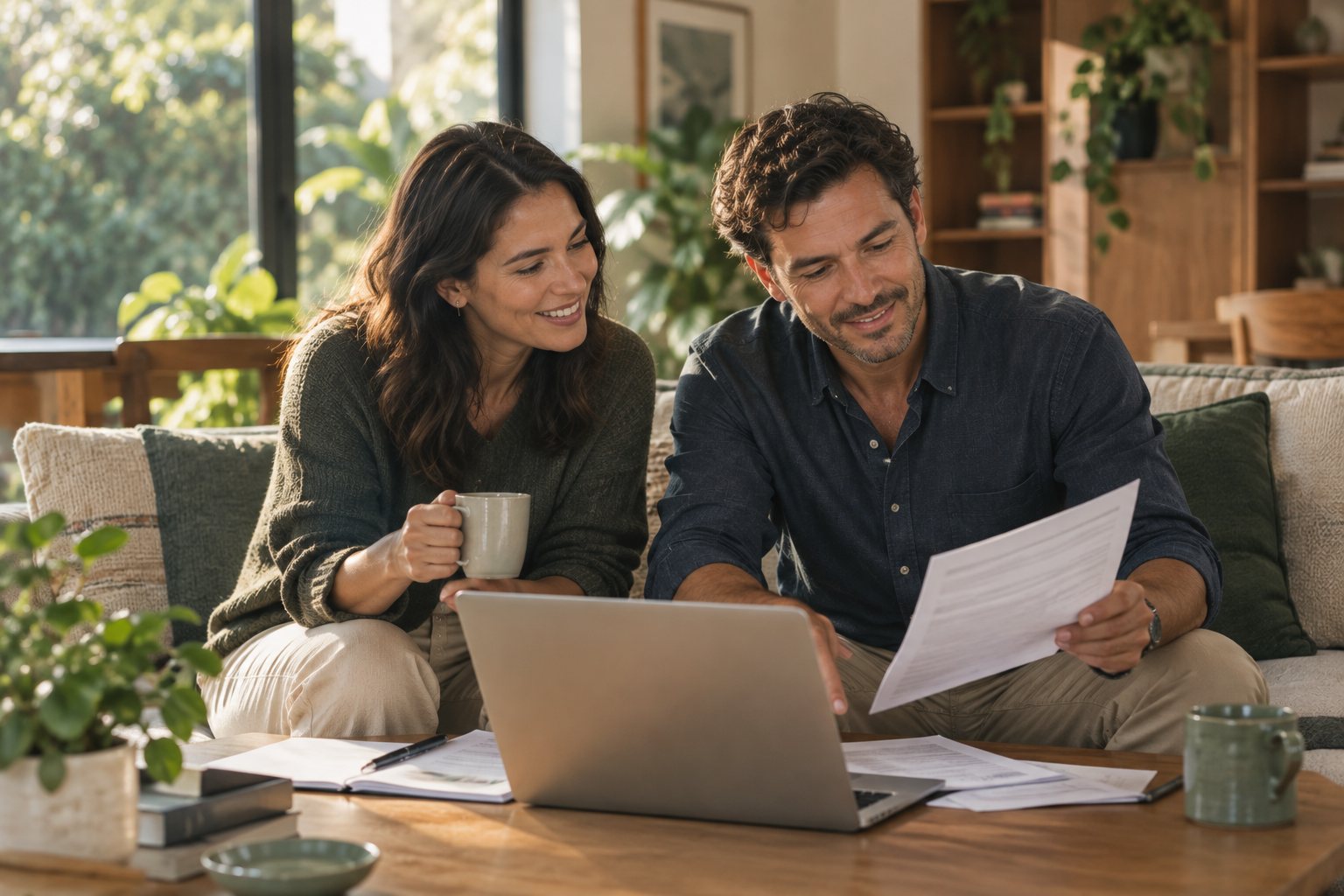 Pareja revisando sus finanzas en casa